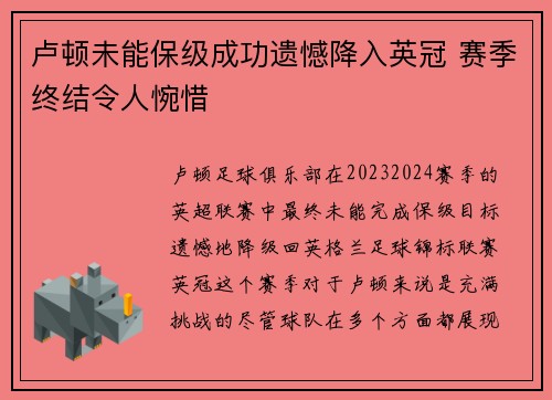 卢顿未能保级成功遗憾降入英冠 赛季终结令人惋惜