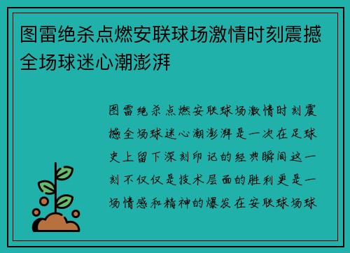 图雷绝杀点燃安联球场激情时刻震撼全场球迷心潮澎湃