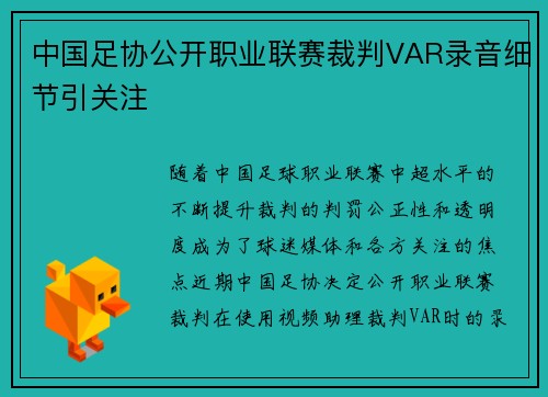 中国足协公开职业联赛裁判VAR录音细节引关注