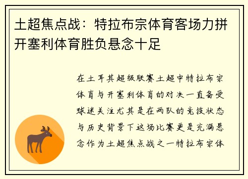 土超焦点战:特拉布宗体育客场力拼开塞利体育胜负悬念十足 土超焦点战:特拉布宗体育客场力拼开塞利体育胜负悬念十足